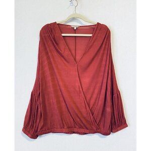 Lucky Brand Top Womens Large Surplice V Neck Long Sleeve Textured Red Boho